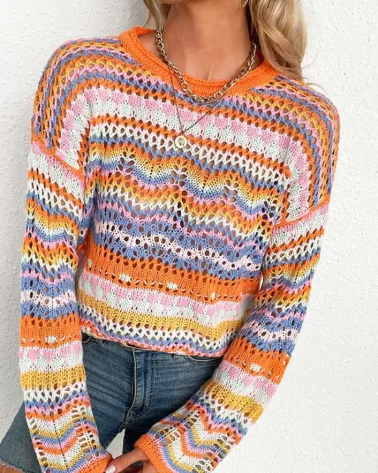 4 Colors Loose Contrast Color Round-Neck Sweater Top