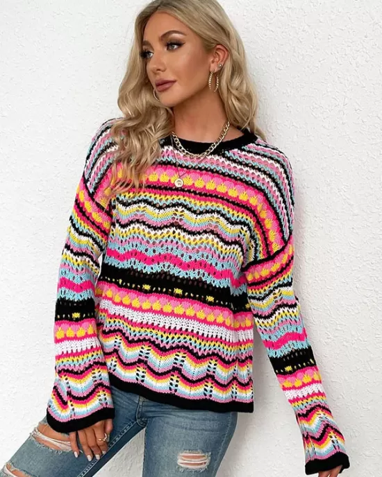 4 Colors Loose Contrast Color Round-Neck Sweater Top