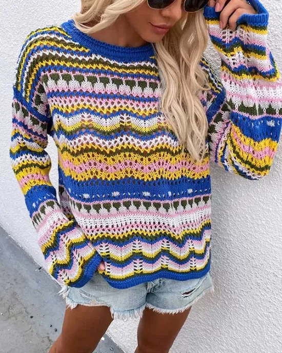 4 Colors Loose Contrast Color Round-Neck Sweater Top