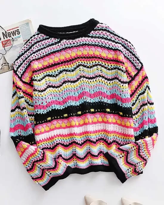 4 Colors Loose Contrast Color Round-Neck Sweater Top