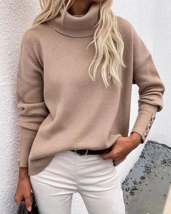 Casual Loose Solid Color High-Neck Long Sleeves Knitwear