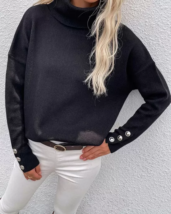 Casual Loose Solid Color High-Neck Long Sleeves Knitwear