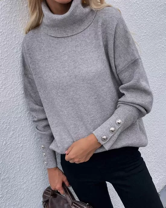 Casual Loose Solid Color High-Neck Long Sleeves Knitwear