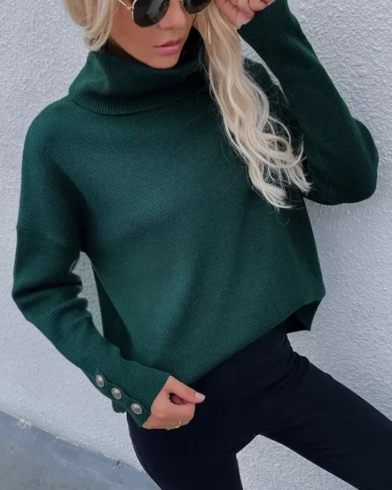 Casual Loose Solid Color High-Neck Long Sleeves Knitwear