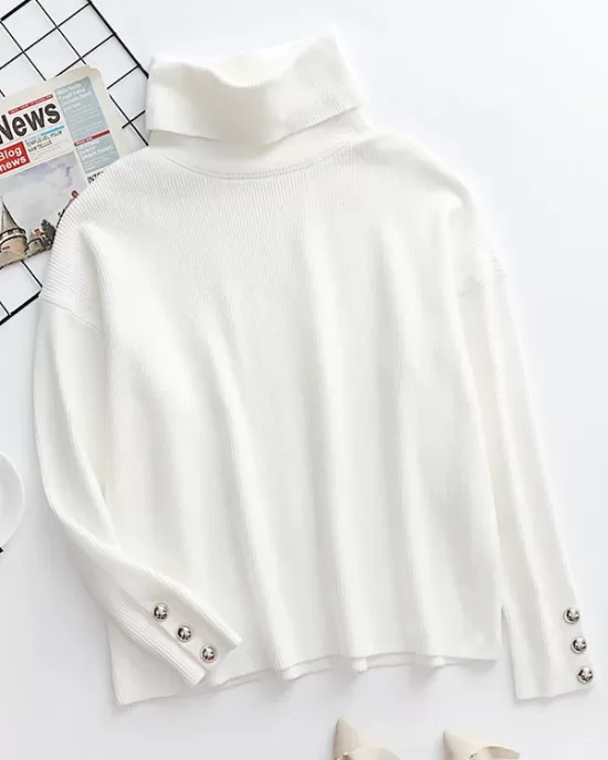 Casual Loose Solid Color High-Neck Long Sleeves Knitwear