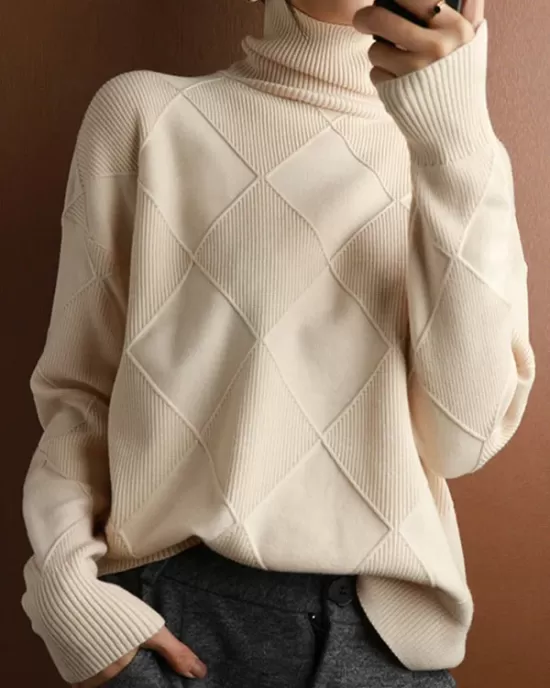 Casual Loose Solid Color Striped High-Neck Long Sleeves Sweater Tops