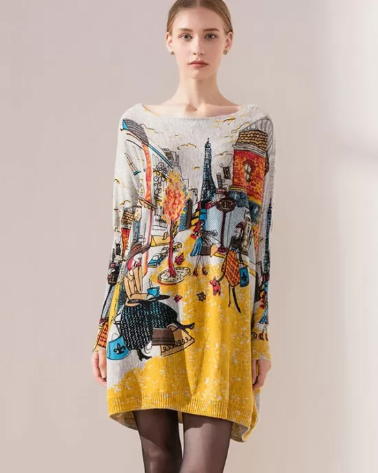 Original Loose Cartoon Printed Round-Neck Long Sleeves Sweater Dress