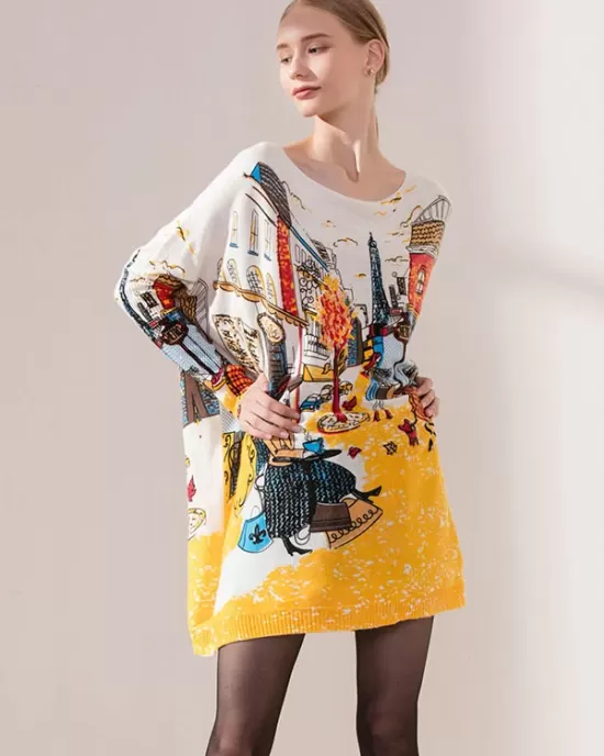 Original Loose Cartoon Printed Round-Neck Long Sleeves Sweater Dress