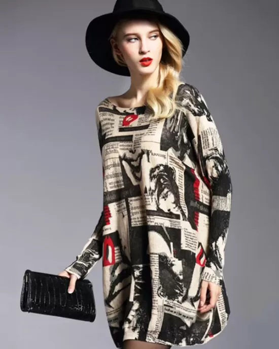 Urban Loose One-Shoulder Printed Split-Joint Sweater