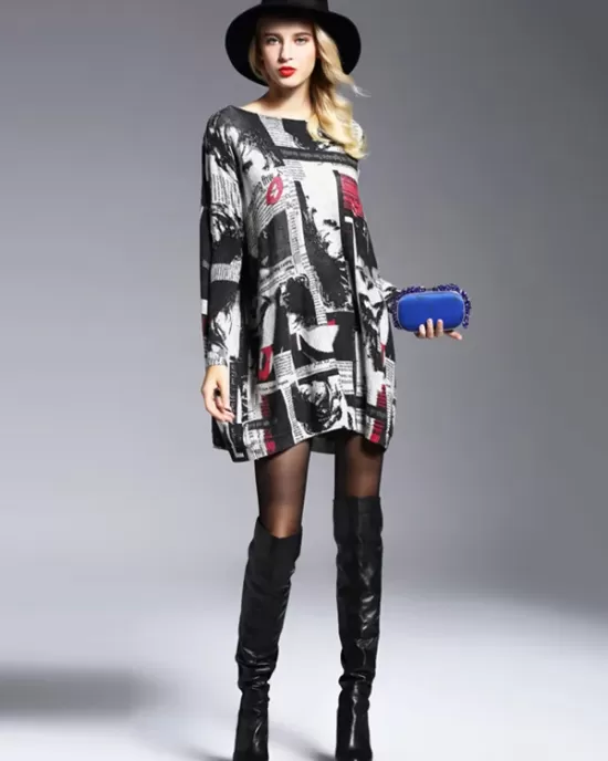 Urban Loose One-Shoulder Printed Split-Joint Sweater