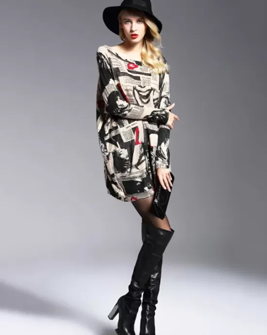 Urban Loose One-Shoulder Printed Split-Joint Sweater