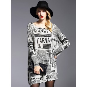 Vintage Loose One-Shoulder Newspaper Printed Split-Joint Sweater