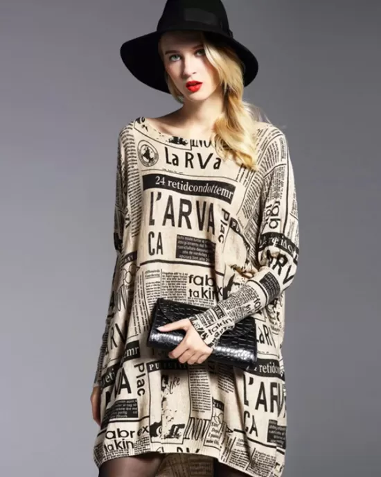 Vintage Loose One-Shoulder Newspaper Printed Split-Joint Sweater