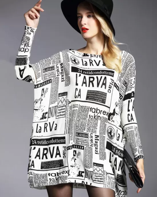 Vintage Loose One-Shoulder Newspaper Printed Split-Joint Sweater