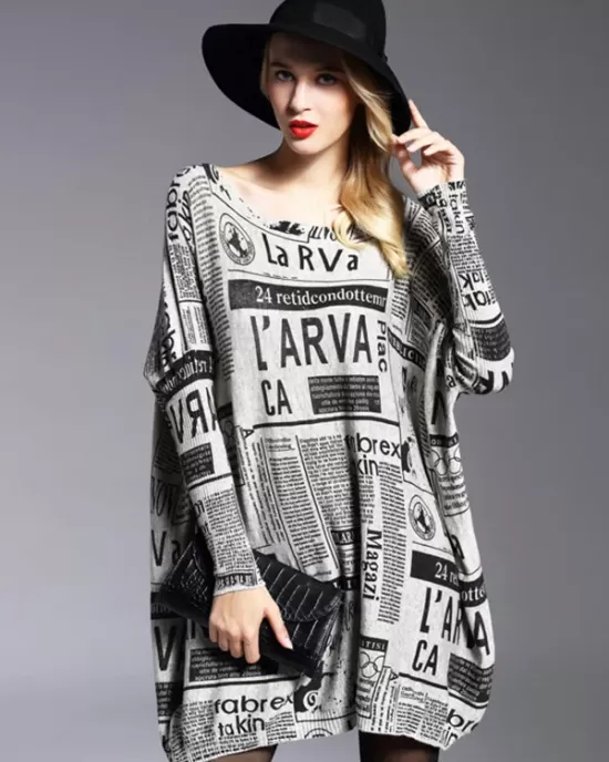 Vintage Loose One-Shoulder Newspaper Printed Split-Joint Sweater