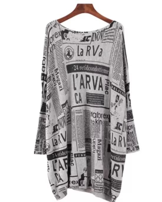 Vintage Loose One-Shoulder Newspaper Printed Split-Joint Sweater