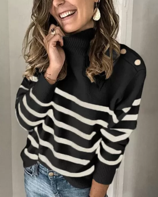 Original Loose Striped Buttoned High-Neck Long Sleeves Sweater Top