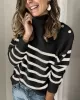 Original Loose Striped Buttoned High-Neck Long Sleeves Sweater Top