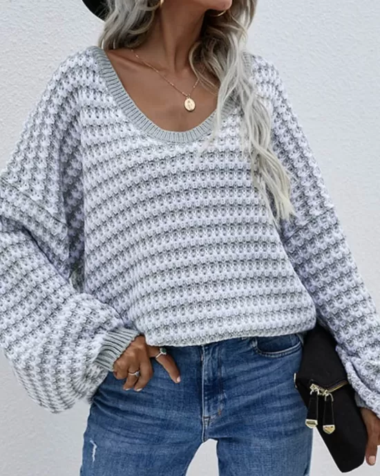 Original Loose Striped 8 Colors V-Neck Long Sleeves Sweater Top