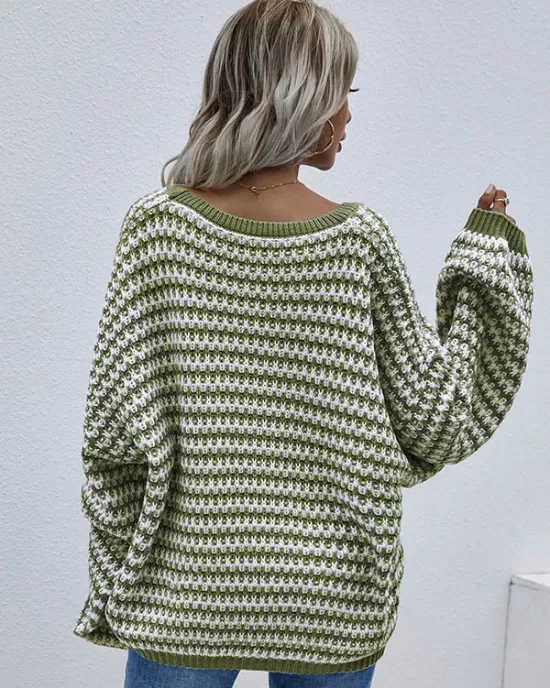 Original Loose Striped 8 Colors V-Neck Long Sleeves Sweater Top