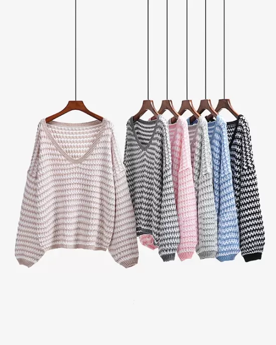 Original Loose Striped 8 Colors V-Neck Long Sleeves Sweater Top