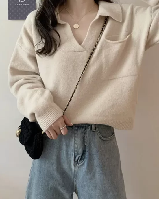 Casual Simple 6 Colors V-Neck Long Sleeves Sweater Top