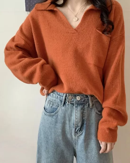 Casual Simple 6 Colors V-Neck Long Sleeves Sweater Top