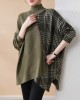 Casual Loose 3 Colors Split-Joint Plaid High-Neck Batwing Long Sleeves Sweater Top