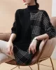 Casual Loose 3 Colors Split-Joint Plaid High-Neck Batwing Long Sleeves Sweater Top