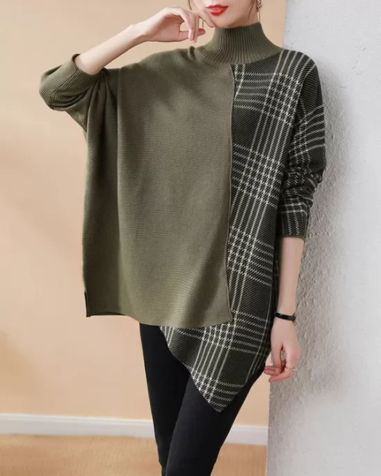 Casual Loose 3 Colors Split-Joint Plaid High-Neck Batwing Long Sleeves Sweater Top