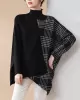 Casual Loose 3 Colors Split-Joint Plaid High-Neck Batwing Long Sleeves Sweater Top