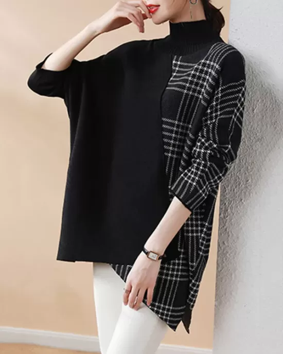 Casual Loose 3 Colors Split-Joint Plaid High-Neck Batwing Long Sleeves Sweater Top