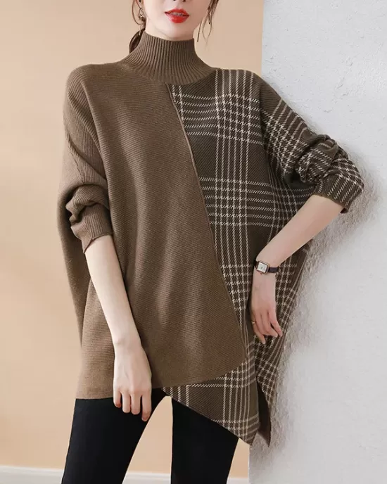 Casual Loose 3 Colors Split-Joint Plaid High-Neck Batwing Long Sleeves Sweater Top