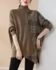 Casual Loose 3 Colors Split-Joint Plaid High-Neck Batwing Long Sleeves Sweater Top