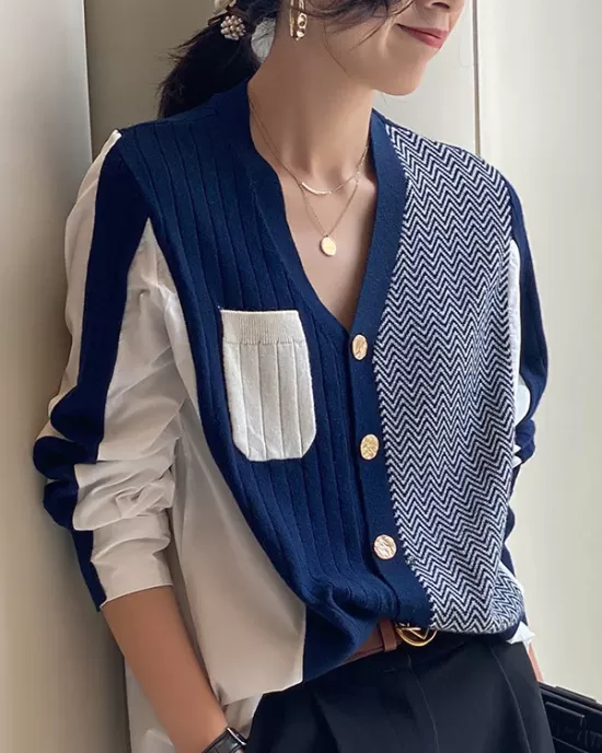 Original Loose Irregular Split-Joint Buttoned V-Neck Long Sleeves Sweater Blouse