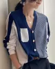 Original Loose Irregular Split-Joint Buttoned V-Neck Long Sleeves Sweater Blouse