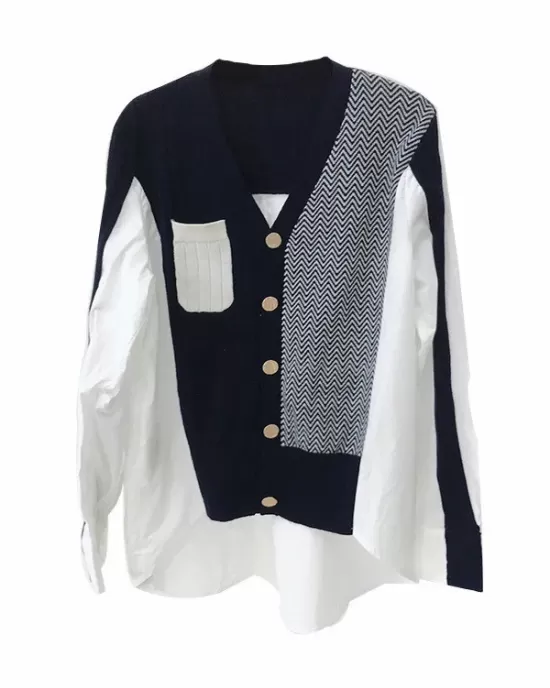 Original Loose Irregular Split-Joint Buttoned V-Neck Long Sleeves Sweater Blouse