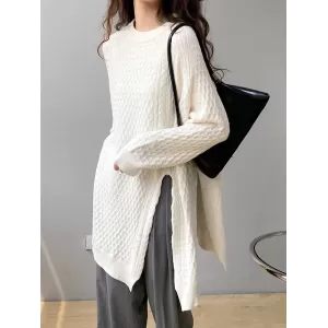 Original Irregular 5 Colors Split-Side Round-Neck Long Sleeves Sweater Top