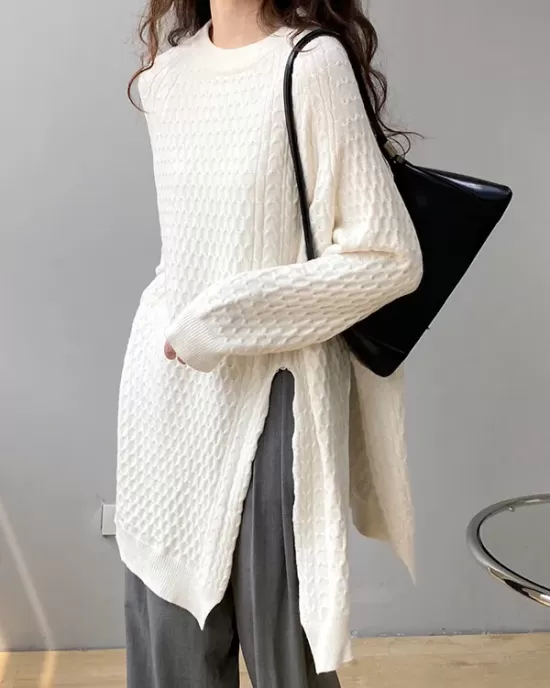 Original Irregular 5 Colors Split-Side Round-Neck Long Sleeves Sweater Top