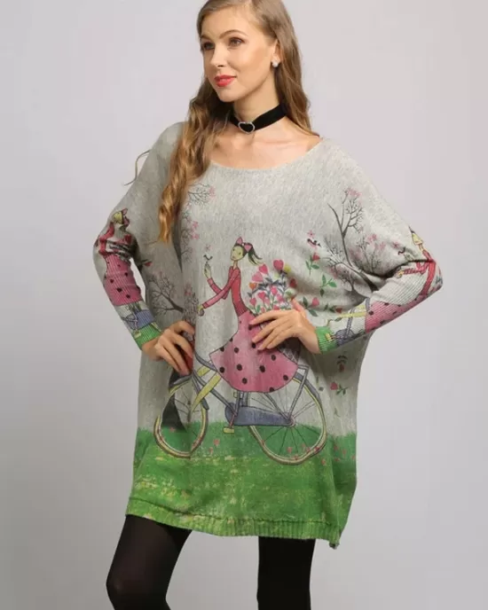 3 Colors New Vintage Batwing Sleeves Printed Sweater