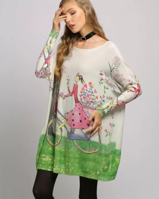 3 Colors New Vintage Batwing Sleeves Printed Sweater