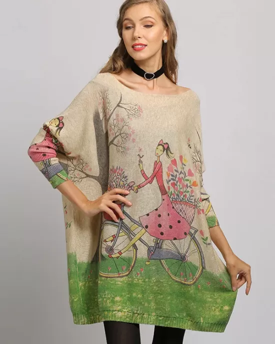 3 Colors New Vintage Batwing Sleeves Printed Sweater