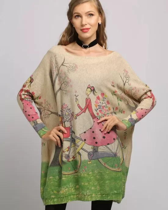 3 Colors New Vintage Batwing Sleeves Printed Sweater