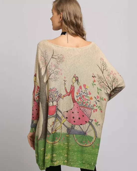 3 Colors New Vintage Batwing Sleeves Printed Sweater