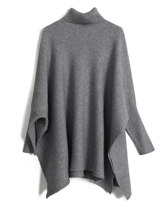 Simple Loose Solid Color High-Neck Batwing Sleeves Sweater