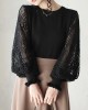 Original Loose Hollow Lace Round-Neck Long Puff Sleeves Sweater Pullovers