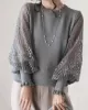 Original Loose Hollow Lace Round-Neck Long Puff Sleeves Sweater Pullovers