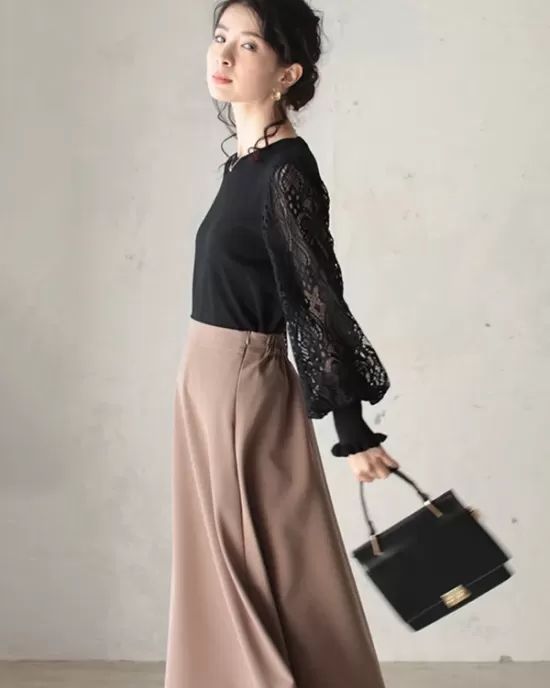 Original Loose Hollow Lace Round-Neck Long Puff Sleeves Sweater Pullovers