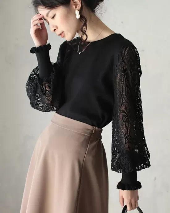 Original Loose Hollow Lace Round-Neck Long Puff Sleeves Sweater Pullovers