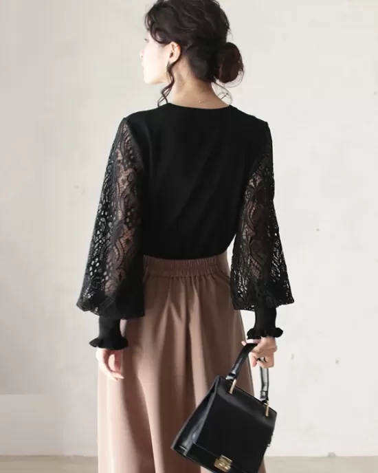 Original Loose Hollow Lace Round-Neck Long Puff Sleeves Sweater Pullovers